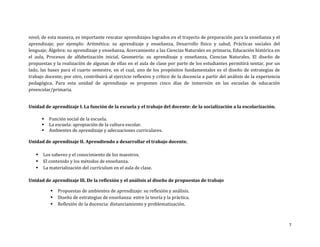 nivel; de esta manera, es importante rescatar aprendizajes logrados en el trayecto de preparación para la enseñanza y el
aprendizaje; por ejemplo: Aritmética: su aprendizaje y enseñanza, Desarrollo físico y salud; Prácticas sociales del
lenguaje; Álgebra: su aprendizaje y enseñanza, Acercamiento a las Ciencias Naturales en primaria, Educación histórica en
el aula, Procesos de alfabetización inicial, Geometría: su aprendizaje y enseñanza, Ciencias Naturales. El diseño de
propuestas y la realizacíón de algunas de ellas en el aula de clase por parte de los estudiantes permitirá sentar, por un
lado, las bases para el cuarto semestre, en el cual, uno de los propósitos fundamentales es el diseño de estrategias de
trabajo docente; por otro, contribuirá al ejercicio reflexivo y crítico de la docencia a partir del análisis de la experiencia
pedagógica. Para esta unidad de aprendizaje se proponen cinco días de inmersión en las escuelas de educación
preescolar/primaria.
Unidad de aprendizaje I. La función de la escuela y el trabajo del docente: de la socialización a la escolarización.




Función social de la escuela.
La escuela: apropiación de la cultura escolar.
Ambientes de aprendizaje y adecuaciones curriculares.

Unidad de aprendizaje II. Aprendiendo a desarrollar el trabajo docente.




Los saberes y el conocimiento de los maestros.
El contenido y los métodos de enseñanza.
La materialización del currículum en el aula de clase.

Unidad de aprendizaje lll. De la reflexión y el análisis al diseño de propuestas de trabajo




Propuestas de ambientes de aprendizaje: su reflexión y análisis.
Diseño de estrategias de enseñanza: entre la teoría y la práctica.
Reflexión de la docencia: distanciamiento y problematización.

7

 