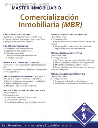 MASTER INMOBILIARIO
            MASTER INMOBILIARIO

                     Comercialización
                    Inmobiliaria (MBR)
PLAN DE NEGOCIOS PERSONAL                                   MOSTRAR, VENDER, CERRAR y NEGOCIAR
I. Su plan de negocio para empezar a vender ahora           I. Revisión de tareas
II. Practicar: Llamar a la gente que conozca para dirigir   II. Temas y discusión
III. 3 importantes habilidades de venta                         A. Ayudar a los compradores a hacer una decisión de
                                                            compra
EL PROCESO DE EXCLUSIVAS                                        B. Manipular objeciones comunes del propietario
I. Un proceso de exclusivas profesional                         C. Negociar la transacción efectivamente
  A. Cotización: el análisis de mercado.
   B.Practica de habilidades:                               TÉCNICAS TELEFONICAS EFECTIVAS
     I. Manipulación de objeciones comunes.                 I. Revisión de tareas
     II. Practica y ejercicios                              II. Temas y discusión
                                                                 A. Un Proceso para una técnica de teléfono efectivo
PRESENTACION DINAMICA DE SERVICIOS                               B. Practica: Manipular objeciones y conseguir la cita
I. Dominar 3 nuevas objeciones con “objeciones destruc-          C. Mercadotecnia el accesorio para resultados
tivas”                                                           D. Desarrollando un plan de mercado para su mejor
II. Practica: -Su presentación de Exclusivas presentando    resultado de negocios
su análisis de mercado.
                                                            TÉCNICAS AVANZADAS DE MARKETING
TRABAJANDO CON COMPRADORES CALIFICADOS                      I. Revisión de tareas
I. Manejar el proceso de ventas con compradores             II. Temas y discusión
   A. Practica: Caliﬁcar compradores con 3 habilidades          A. Anticipando la Objeción con Ilustraciones.
   B. Presentar el valor de lealtad                             B. Redeﬁniendo su Presentación de Mercadotecnia
   C. Manipular 3 objeciones del comprador.

DEMOSTRACION EXITOSA DE LAS PROPIEDADES
I. Revisión de tareas
II. Temas y discusión
    A. Realizar una presentación Productiva
    B. Mercadotecnia personal
    C. Con éxito convirtiendo para la venta de los dueños




La diferencia entre lo que ganas y lo que deberías ganar
 