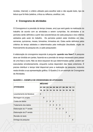 revistas, Internet): o critério utilizado para escolher este e não aquele texto, tipo de
leitura que foi feita (seletiva, crítica ou reflexiva, analítica ) etc.
4 Cronograma de atividades
O Cronograma é a previsão do tempo (meses, ano) que será gasto na realização do
trabalho de acordo com as atividades a serem cumpridas. As atividades e os
períodos serão definidos a partir das características de cada pesquisa e dos critérios
adotados pelo autor do trabalho. Os períodos podem estar divididos em dias,
semanas, quinzenas, meses, bimestres, trimestres etc. Estes serão definidos pelos
critérios de tempo adotados e determinados pela instituição (faculdade, órgão de
financiamento da pesquisa etc.) e pelo pesquisador.
A elaboração do cronograma responde à pergunta: quando vou fazer? A pesquisa
deve ser dividida em partes, fazendo-se a previsão do tempo necessário para passar
de uma fase a outra. Não se deve esquecer de que determinadas partes podem ser
executadas simultaneamente, enquanto outras dependem das fases anteriores. É
preciso distribuir o tempo total disponível para a realização da pesquisa, incluindo
nesta divisão a sua apresentação gráfica. O Quadro 2 é um exemplo de Cronograma
de Atividades.
QUADRO 2 – EXEMPLO DE CRONOGRAMA DE ATIVIDADES
ATIVIDADES
MÊS/ANO
01/
10
02/
10
03/
10
04/
10
05/
10
06/
10
07/
10
08/
10
09/
10
10/
10
11/
10
Levantamento de literatura X
Montagem do projeto X
Coleta de dados X X X
Tratamento dos dados X X X X
Elaboração da 1ª versão X X X
Elaboração da 2ª versão X
Revisão do texto X
Entrega da pesquisa X
 