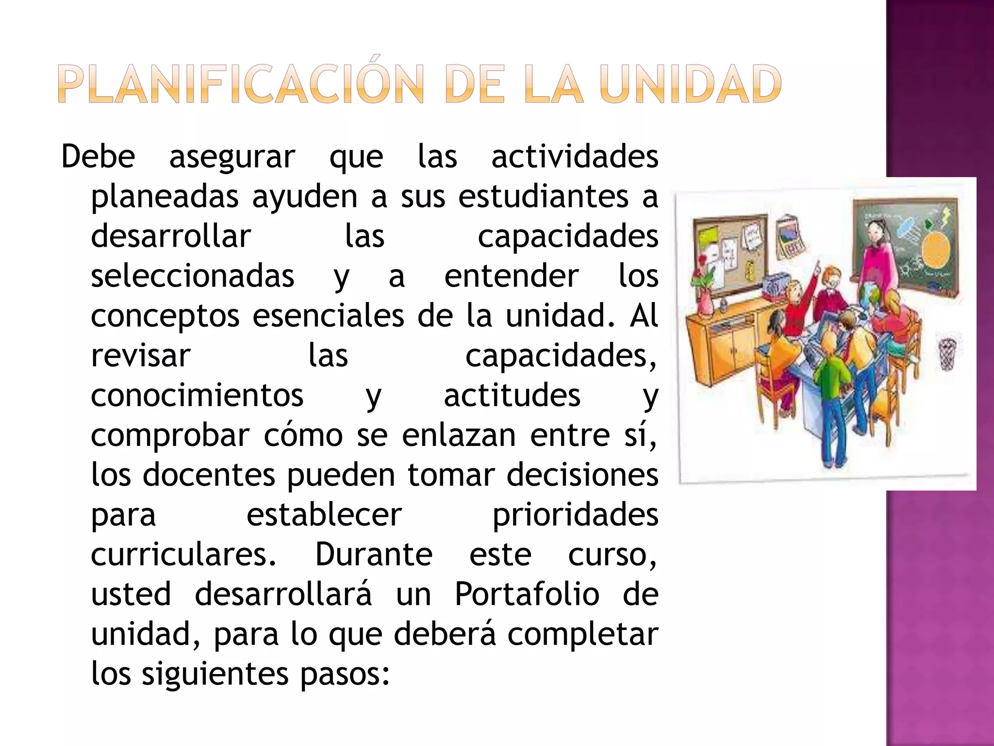 Debe asegurar que las actividades
  planeadas ayuden a sus estudiantes a
  desarrollar       las    capacidades
  seleccionadas y a entender los
  conceptos esenciales de la unidad. Al
  revisar        las      capacidades,
  conocimientos       y  actitudes    y
  comprobar cómo se enlazan entre sí,
  los docentes pueden tomar decisiones
  para       establecer     prioridades
  curriculares. Durante este curso,
  usted desarrollará un Portafolio de
  unidad, para lo que deberá completar
  los siguientes pasos:
 