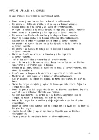 PRAXIAS LABIALES Y LINGUALES
Bloque primero: Ejercicios de motricidad bucal.

-   Poner morro y sonrisa con los labios alternativamente.
-   Relamerse el labio de arriba y el de abjo alternativamente.
-   Lengua dirigida a la nariz y al suelo alternativamente.
-   Dirigir la lengua a la oreja derecha e izquierda alternativamente.
-   Poner morro a la derecha y a la izquierda alternativamente.
-   Relamerse los dientes de arriba y de abajo alternativamente.
-   Poner la lengua ancha y la lengua estrecha alternativamente.
-   Enseñar los dientes y esconder los dientes alternativamente.
-   Relamerse las muelas de arriba de la derecha y de la izquierda
    alternativamente.
-   Relamerse las muelas de debajo de la derecha e izquierda
    alternativamente.
-   Hacer un flemón de aire a la derecha y a la izquierda
    alternativamente.
-   Inflar los carrillos y chuparlos alternativamente.
-   Abrir la boca todo lo que se pueda. Rozar los bordes de los dientes
    superiores e inferiores con la lengua.
-   Lengua al paladar, lengua al suelo de la boca, alternativamente, sin
    mover la mandíbula.
-   Flemón con la lengua a la derecha e izquierda alternativamente.
-   Morderse el labio superior e inferior alternativamente.
-   Soplar dejando los labios relajados, de forma que vibren, relajar la
    boca.
-   Sacar la lengua relajada y soplar de forma que esta vibre. Dejar la
    lengua relajada.
-   Poner la punta de la lengua detrás de los dientes superiores. Dejarle
    caer el labio inferior. Hacerlo con rapidez.
-   Golpear rápidamente los bordes de los dientes superiores con la
    lengua. No mover la mandíbula. Relajar la boca.
-   Doblar la lengua hacia arriba y abajo sujetándola con los dientes
    respectivos.
-   Hacer un canal longitudinal con la lengua con la ayuda de los dientes.
    Relajar la lengua.
-   Juntar los dientes y soplar con fuerza. Repetir con os dientes
    entreabiertos.
-   Sacar y meter la mandíbula inferior alternativamente.




                                                                         6
 