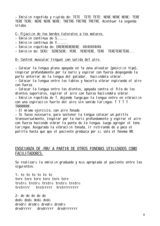 - Emisión repetida y rápida de: TETE TETE TETE; NENE NENE NENE; TERE
TERE TERE; NERE NERE NERE; TRETRE TRETRE TRETRE. Acentuar la segunda
silaba.

C- Fijación de los   bordes laterales a los molares.
- Emisión continua   de S........
- Emisión continua   de Y.........
- Emisión repetida   de: ERERERERERERE; IRIRIRIRIRI.
- Emisión de: SERÉ    SERESERE; YERE YEREYERE, TERE    TERETERETERE....

D- Control muscular lingual con salida de1 aire.

- Colocar la lengua plana apoyada en 1a zona alveolar (posición tipo),
inspirar profundamente por la nariz y espirar con fuerza despegando la
parte anterior de la lengua del paladar, haciéndola vibrar.
- Colocar la lengua entre los labios y hacerla vibrar espirando el aire
con fuerza.
- Colocar la lengua entre los dientes, apoyada contra el filo de los
dientes superiores, espirar el aire con fuerza haciéndola vibrar.
- Emisión repetida de T, dejando 1uego,que la lengua entre en vibración
con una espiración fuerte del aire sin sonido laríngeo: T T T T
TRRRRRRR.
- El mismo ejercicio, con aire fonado.
- Si fuese necesario, para sostener la lengua colocar un palillo
transversalmente, inspirar por la nariz profundamente y espirar el aire
con fuerza haciendo vibrar la punta de la lengua. Luego agregar el tono
laríngeo. Asegurada la vibración tonada, ir retirando de a poco el
palillo hasta que que el paciente produzca por sí solo el fonema RR.



ENSEÑANZA DE /RR/ A PARTIR DE OTROS FONEMAS UTILIZADOS COMO
FACILITADORES.
Se realizará la emisión graduada y más apropiada al paciente entre las
siguientes:

1- te te te te te te
tere tere tere tere tere tere
tretré tretré tretré tretré tretré
tretrrrr   tretrrrrr tretrrrrrrrr

2- de de de de de
dedé dedé dedé dedé
dredré dredré dredré dredré
dredrrrrr   dredrrrrr dredrrrrrrr
                                                                          8
 