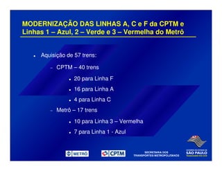 MODERNIZAÇÃO DAS LINHAS A, C e F da CPTM e
Linhas 1 – Azul, 2 – Verde e 3 – Vermelha do Metrô
Aquisição de 57 trens:
− CPTM – 40 trens
20 para Linha F
16 para Linha A
4 para Linha C
− Metrô – 17 trens
10 para Linha 3 – Vermelha
7 para Linha 1 - Azul
 
