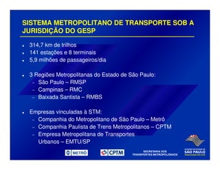 SISTEMA METROPOLITANO DE TRANSPORTE SOB A
JURISDIÇÃO DO GESP
314,7 km de trilhos
141 estações e 8 terminais
5,9 milhões de passageiros/dia
3 Regiões Metropolitanas do Estado de São Paulo:
− São Paulo – RMSP
− Campinas – RMC
− Baixada Santista – RMBS
Empresas vinculadas à STM:
− Companhia do Metropolitano de São Paulo – Metrô
− Companhia Paulista de Trens Metropolitanos – CPTM
− Empresa Metropolitana de Transportes
Urbanos – EMTU/SP
 