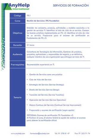 SERVICIOS DE FORMACIÓN


   Código         ITIL1

    Curso         Gestión de Servicios: ITIL Foundation


                  Entender los conceptos, procesos, actividades y modelos asociados a la
                  gestión de servicios TI. Identificar el ciclo de vida de un servicio. Conocer
  Objetivos       las buenas prácticas implementadas en ITIL v3. Identificar el ciclo de vida
                  de un servicio. Prepararse para el examen de certificación en
                  Fundamentos de ITIL v3.


  Duración        21 horas


                  Consultores de Tecnologías de Información, Gestores de procesos,
 Audiencia        proyectos, aplicaciones y responsables de negocio, y en definitiva,
                  cualquier miembro de una organización que entregue servicios de TI.


Prerrequisitos    Recomendable experiencia en TI.



                  • Gestión de Servicios como una práctica

                  • Ciclo de Vida del Servicio

                  • Estrategia del Servicio (Service Strategy)

                  • Diseño del Servicio (Service Design)

                  • Transición del Servicio (Service Transition)
  Temario
                  • Operación del Servicio (Service Operation)

                  • Mejora Continua del Servicio (Continual Service Improvement)

                  • Preparación y examen de certificación (según opción)

                  OPCIONAL: Examen de certificación ITIL Foundation v3.
                  Al finalizar el curso, el alumno tendrá la opción de realizar el examen
                  para obtener la certificación oficial.




www.anyhelp.com       formacion@anyhelp.com         Tel.: 91 378 81 47       Fax: 91 323 71 74
 