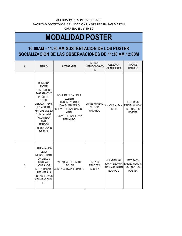 AGENDA 19 DE SEPTIEMBRE 2012      FACULTAD ODONTOLOGIA FUNDACIÓN UNIVERSITARIA SAN MARTIN                       CARRERA 15...