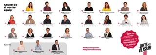 Aquest és
el nostre
equip!
Lídia Cantalapiedra Ferrer
Jubilada.
Mª Rosa Moré Fàbregas
Mestra jubilada.
Joaquim Ferrer Tamayo
Secretari d’Empresa i Competitivitat
de la Generalitat.
Marta Badia Enrich
Consultora i Coach.
Roman Llagostera Pujol
Enginyer i Emprenedor.
22 23 24
12 13 14 15
Miquel Vázquez Arenas
Empresari.
Isabel Estellé Miró
Mestra.
Oriol Garcia Vallejo
Tècnic superior en gestió i màrqueting
Belén Paz Blanco
Assessora financera.
Ricard Sogues Alfaro
Tècnic superior en màrqueting i RRPP.
Elena Pujol Ibáñez
Estudiant universitària.
#mésjuntsquemai	
#elqueensmouetstu
Suplents:
Junts per
Vilassar
farem tot això ambuna gestió eficaç delsrecursos de TOTS, ambTRANSPARÈNCIA,RESPONSABILITATi sense apujar els
impostos.
8 9 10 11
Jordi Pallés Marimon
Músic.
Montse Villalonga Corominas
Periodista.
4 5 6
Marc Oliva Carbonell
Enginyer Industrial.
Puri Martín Rivera
Artista visual i plàstica.
Maria Lloret Ramon
Cap de producció.
3
Javi Martín Lapeña
Enginyer Obra Pública.
2
Laura Martínez Portell
Advocada.
1
Mariona Añó Luján
Gestió hospitalària.
Jaume Valls Baró
Empresari d’arts gràfiques.
Marc Romero Alarcón
Estudiant universitari.
Mariví Giménez Barón
Infermera.
David Encabo Gurgui
Fisioterapeuta.
Pepi Caballero Jiménez
Jubilada.
1716 18 19 20 21
7
 