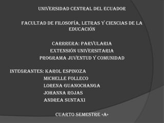 UNIVERSIDAD CENTRAL DEL ECUADOR
FACULTAD DE FILOSOFÍA, LETRAS Y CIENCIAS DE LA
EDUCACIÓN
CARRRERA: PARVULARIA
EXTENSIÓN UNIVERSITARIA
PROGRAMA JUVENTUD Y COMUNIDAD
INTEGRANTES: KAROL ESPINOZA
MICHELLE FOLLECO
LORENA GUANOCHANGA
JOHANNA ROJAS
ANDREA SUNTAXI
CUARTO SEMESTRE «A»

 