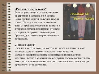 „Разходи се върху топка”
Всички участници в съревнованието
се строяват в команда по 3 човека.
Всяка тройка играчи получава твърда
топка. По даден сигнал от водещия
един от тройката се качва на топката и
я търкаля с крака, поддържан от двете
си страни от другите двама играчи.
Групата, достигнала първа до финала,
побеждава.
„Топка в кръга”
Изричат името на този, на когото ще хвърлиш топката, като
покажеш едно от неговите положителни качества.
Вариант: говорим за своите положителни и отрицателни
качества. Заедно с участниците от групата търсим варианти, как
може да се възползваме от положителните си качества и как да
преодолеем отрицателните.
 