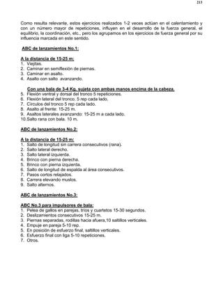 213
Como resulta relevante, estos ejercicios realizados 1-2 veces actúan en el calentamiento y
con un número mayor de repeticiones, influyen en el desarrollo de la fuerza general, el
equilibrio, la coordinación, etc., pero los agrupamos en los ejercicios de fuerza general por su
influencia marcada en este sentido.
ABC de lanzamientos No.1:
A la distancia de 15-25 m:
1. Viejitas.
2. Caminar en semiflexión de piernas.
3. Caminar en asalto.
4. Asalto con salto avanzando.
Con una bala de 3-4 Kg. sujeta con ambas manos encima de la cabeza.
5. Flexión ventral y dorsal del tronco 5 repeticiones.
6. Flexión lateral del tronco. 5 rep cada lado.
7. Círculos del tronco 5 rep cada lado.
8. Asalto al frente: 15-25 m.
9. Asaltos laterales avanzando: 15-25 m a cada lado.
10.Salto rana con bala. 10 m.
ABC de lanzamientos No.2:
A la distancia de 15-25 m:
1. Salto de longitud sin carrera consecutivos (rana).
2. Salto lateral derecho.
3. Salto lateral izquierda.
4. Brinco con pierna derecha.
5. Brinco con pierna izquierda.
6. Salto de longitud de espalda al área consecutivos.
7. Pasos cortos relajados.
8. Carrera elevando muslos.
9. Salto alternos.
ABC de lanzamientos No.3:
ABC No.3 para impulsores de bala:
1. Pelea de gallos en parejas, tríos y cuartetos 15-30 segundos.
2. Deslizamientos consecutivos 15-25 m.
3. Piernas separadas, rodillas hacia afuera,10 saltillos verticales.
4. Empuje en pareja 5-10 rep.
5. En posición de esfuerzo final, saltillos verticales.
6. Esfuerzo final con liga 5-10 repeticiones.
7. Otros.
 