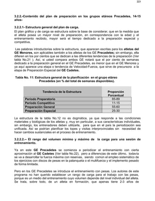 223
3.2.2.-Contenido del plan de preparación en los grupos etáreos Precadetes, 14-15
años-
3.2.2.1- Estructura general del plan de carga.
El plan gráfico y de carga se estructura sobre la base de considerar, que en la medida que
el atleta posea un mayor nivel de preparación, en correspondencia con la edad y el
entrenamiento recibido, mayor será el tiempo dedicado a la preparación especial y
competitiva.
Las palabras introductorias sobre la estructura, que aparecen escritas para los atletas del
GE Menores, son aplicables también a los atletas de los GE Precadetes; sin embargo, ella
difieren en los por cientos que se dedican a las diferentes tendencias de la preparación (Ver
tabla No.21 ). Así, si usted compara ambos GE notará que el por ciento de semanas
dedicado a la preparación general en el GE Precadetes, es menor que en el GE Menores y
ya aquí aparece una etapa o tendencia de Velocidad-Fuerza, que sirve de precursora a la
etapa de Preparación Especial del GE Cadetes.
Tabla No. 11: Estructura general de la planificación en el grupo etáreo
Precadetes (en % del total de semanas disponibles).
Tendencia de la Estructura Proporción
Porcentual
Período Preparatorio 85-89
Período Competitivo 11-15
Preparación General 55-60
Preparación Especial 25-30
La estructura de la tabla No.12 no es dogmática, ya que responde a las condiciones
materiales y biológicas de los atletas y, muy en particular, a sus características individuales,
sin embargo, los entrenadores deben utilizarla, para que en el país la periodización sea
unificada. Así se podrían planificar los topes y visitas interprovinciales sin necesidad de
hacer cambios sustanciales en el proceso de entrenamiento.
3.2.2.2.-- El rango del volumen mínimo y máximo de la carga para una sesión de
entrenamiento.
Ya en este GE Precadetes se comienza a periodizar el entrenamiento con cierta
aproximación al GE Cadetes (Ver tabla No.22), pero a diferencias de este último, todavía
se va a desarrollar la fuerza máxima con reservas, siendo común el empleo sistemático de
los ejercicios con discos de pesas en la palanqueta o el multifuerza y el implemento pesado
de forma limitada.
Pero en los GE Precadetes se introduce el entrenamiento con pesas. Los autores de este
programa no han querido establecer un rango de carga para el trabajo con las pesas,
porque es un medio del entrenamiento cuyo volumen depende del nivel individual del atleta.
Se trata, sobre todo, de un atleta en formación, que apenas tiene 2-3 años de
 