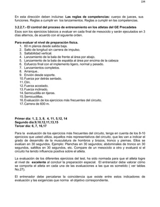 235
En esta dirección deben incluirse: Las reglas de competencias: cuerpo de jueces, sus
funciones. Reglas a cumplir en los lanzamientos. Reglas a cumplir en las competencias.
3.2.2.7.- El control del proceso de entrenamiento en los atletas del GE Precadetes
Esos son los ejercicios básicos a evaluar en cada final de mesociclo y serán ejecutados en 3
días alternos, de acuerdo con el siguiente orden.
Para evaluar el nivel de preparación física.
1. 60 m planos desde salida baja.
2. Salto de longitud sin carrera de impulso.
3. Saltabilidad vertical.
4. Lanzamiento de la bala de frente al área por abajo.
5. Lanzamiento de la bala de espalda al área por encima de la cabeza
6. Esfuerzo final con el implemento ligero, normal y pesado.
7. Lanzamientos completos.
8. Arranque..
9. Envión desde soporte.
10.Fuerza por detrás sentado.
11.Clin.
12.Fuerza acostado.
13.Fuerza inclinado.
14.Semicuclilla en tijeras.
15.Semicuclillas.
16.Evaluación de los ejercicios más frecuentes del circuito.
17.Carrera de 600 m.
Primer día: 1, 2, 3, 8, 4, 11, 5,12, 14
Segundo día:9,10,12,11,13,15
Tercer día: 6, 7, 16,17
Para la evaluación de los ejercicios más frecuentes del circuito, tenga en cuenta de los 8-10
ejercicios que usted utiliza, aquellos más representativos del circuito, que les van a indicar el
grado de desarrollo de la musculatura de hombros y brazos, tronco y piernas. Ellos se
evalúan en 30 segundos. Ejemplo: Planchas en 30 segundos; abdominales de tronco en 30
segundos, saltillos en 30 segundos, etc. Compare de un mesociclo a otro y evaluará si el
circuito ha tenido influencia positiva sobre el atleta.
La evaluación de los diferentes ejercicios del test, ha sido normada para que el atleta logre
el nivel de excelente al concluir la preparación especial. El entrenador debe valorar cómo
se comporta el atleta en cada una de las evaluaciones a las que es sometido ( ver tablas
No.27).
El entrenador debe percatarse la coincidencia que existe entre estos indicadores de
evaluación y las exigencias que norma el objetivo correspondiente.
 