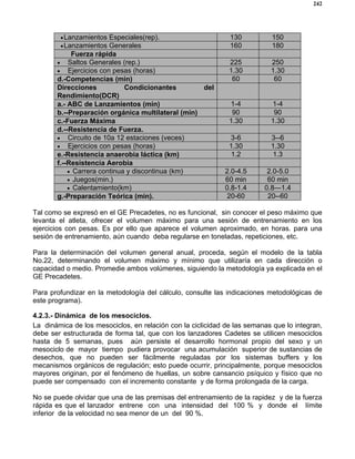 242
•Lanzamientos Especiales(rep). 130 150
•Lanzamientos Generales 160 180
Fuerza rápida
• Saltos Generales (rep.) 225 250
• Ejercicios con pesas (horas) 1.30 1.30
d.-Competencias (min) 60 60
Direcciones Condicionantes del
Rendimiento(DCR)
a.- ABC de Lanzamientos (min) 1-4 1-4
b.--Preparación orgánica multilateral (min) 90 90
c.-Fuerza Máxima 1.30 1.30
d.--Resistencia de Fuerza.
• Circuito de 10a 12 estaciones (veces) 3-6 3--6
• Ejercicios con pesas (horas) 1.30 1.30
e.-Resistencia anaerobia láctica (km) 1.2 1.3
f.--Resistencia Aerobia
• Carrera continua y discontinua (km) 2.0-4.5 2.0-5.0
• Juegos(min.) 60 min 60 min
• Calentamiento(km) 0.8-1.4 0.8—1.4
g.-Preparación Teórica (min). 20-60 20--60
Tal como se expresó en el GE Precadetes, no es funcional, sin conocer el peso máximo que
levanta el atleta, ofrecer el volumen máximo para una sesión de entrenamiento en los
ejercicios con pesas. Es por ello que aparece el volumen aproximado, en horas. para una
sesión de entrenamiento, aún cuando deba regularse en toneladas, repeticiones, etc.
Para la determinación del volumen general anual, proceda, según el modelo de la tabla
No.22, determinando el volumen máximo y mínimo que utilizaría en cada dirección o
capacidad o medio. Promedie ambos volúmenes, siguiendo la metodología ya explicada en el
GE Precadetes.
Para profundizar en la metodología del cálculo, consulte las indicaciones metodológicas de
este programa).
4.2.3.- Dinámica de los mesociclos.
La dinámica de los mesociclos, en relación con la ciclicidad de las semanas que lo integran,
debe ser estructurada de forma tal, que con los lanzadores Cadetes se utilicen mesociclos
hasta de 5 semanas, pues aún persiste el desarrollo hormonal propio del sexo y un
mesociclo de mayor tiempo pudiera provocar una acumulación superior de sustancias de
desechos, que no pueden ser fácilmente reguladas por los sistemas buffers y los
mecanismos orgánicos de regulación; esto puede ocurrir, principalmente, porque mesociclos
mayores originan, por el fenómeno de huellas, un sobre cansancio psíquico y físico que no
puede ser compensado con el incremento constante y de forma prolongada de la carga.
No se puede olvidar que una de las premisas del entrenamiento de la rapidez y de la fuerza
rápida es que el lanzador entrene con una intensidad del 100 % y donde el límite
inferior de la velocidad no sea menor de un del 90 %.
 