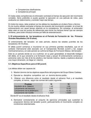 256
♦ Competencias clasificatorias.
♦ Competencia principal.
En todas estas competencias el entrenador controlará el tiempo de ejecución del movimiento
completo. Sería preferible si puede guardar la ejecución en una película de video, para
analizarla con detenimiento y controlar mejor ese tiempo.
En todos los casos, debe analizar con los atletas los resultados en el plano físico y técnico.
Es de mucha utilidad contrastar el tiempo de duración del movimiento completo en el test de
entrenamiento con aquel tiempo obtenido en la competencia. Sin embargo, el entrenador
debe velar en que los puntos de referencias para tomar los tiempos tienen que ser siempre
similares, para evitar introducir errores por falta de estandarización.
5. El entrenamiento de los lanzadores en el Período de Formación de los Primeros
Grandes Resultados (18-19 años).
El entrenamiento del lanzador, en este período, abarca las edades juveniles de los
lanzadores (18-19 años).
El atleta juvenil comienza a incursionar en sus primeros grandes resultados, que en el
contexto internacional está asociado con el Campeonato Mundial Juvenil y los Juegos
Centroamericanos y en este periodo se culmina la Etapa de Formación Básica del lanzador.
Este es un periodo donde se va a culminar, en su gran generalidad, el desarrollo biológico
del atleta, en lo que concierne a la formación ósea y sexual. El entrenamiento comienza a
parecerse cada vez más al de los adultos y las fuerzas máxima, rápida y explosiva alcanzan
una mayor dimensión, sin llegar al máximo.
5.1.-Objetivos Específicos para el GE juvenil.
Los atletas deben ser capaces de:
3. Mostrar dominio de los objetivos específicos del programa del Grupo Etáreo Cadetes.
4. Ejecutar su disciplina competitiva con un dominio técnico pulido.
5. Obtener una diferencia entre el resultado desde el esfuerzo final y el resultado
completo, al menos, según las normas del cuadro siguiente:
Donde EF es el resultado desde el esfuerzo final.
4. Demostrar correctamente el conjunto de ejercicios principales que sustentan la
preparación técnica del lanzador juvenil, particularmente el movimiento completo en
condiciones estandarizada.
Pruebas 18 19
Impulsión de la .Bala(m) 1.40 1.50
Lanzamiento del disco(m) 9.00 10.00
Lanzamiento de la jabalina(m) 10.00 12.00
Lanzamiento del martillo 1.35EF 1.40EF
 