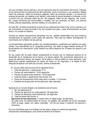 278
con sus similares de las piernas y con los ejercicios para la musculatura del tronco. Coloque
en la rutina primero los ejercicios de alta velocidad, como el arranque y sus variantes, dígase
halón de arranque, halón de arranque colgante, halón de arranque parado, y la fuerza con
empuje de piernas, por delante y por detrás y más tarde la fuerza acostado e inclinado, el clin
y envión con sus variantes halón de clin, clin colgante, halón de clin colgante, clin, envión,
etc. Luego introduzca las semicuclillas y cuclillas, con sus variantes, es decir, con piernas
unidas, piernas separadas, piernas rotadas, en una pierna, etc.
En este GE se debe incrementar el peso de los implementos hasta 5 Kg. en los varones y en
las muchachas un peso de hasta 4 kg. No exceder ese peso, pues el lanzamiento se hace
lento y no cumple su objetivo.
Cuando se utilicen lanzamientos generales con las pelotas medicinales hay que continuar
considerando la recepción como parte del ejercicio. Para ello los atletas amortiguarán el
movimiento con la flexión de las piernas.
Los lanzamientos generales pueden ser complementados y sustituidos por piedras con peso
similar, muy abundantes en la geografía provincial. Con ellas se logra realizar series de 10
lanzamientos sin interrupción, pues resulta muy difícil disponer de 10 balas con igual fin, por
su costo.
En los cuatro GE se debe utilizar ampliamente el circuito, por su influencia positiva en el
desarrollo de la resistencia de la fuerza y la fuerza rápida. Se recomienda seleccionar un
grupo de ejercicios claves, por etapas. Se le aplica un test al atleta en esos ejercicios, para
determinar cuántas repeticiones es capaz de hacer en 30 segundos y al repetir el test,
después de aplicar una serie de circuitos, valorar el desarrollo.
El circuito debe estructurarse de la siguiente forma.
• Total de ejercicios o estaciones: 6-12
• Tiempo de cada estación: 10-30 segundos
• Tiempo de pausa entre estación: 15-30 segundos
• Total de series o repeticiones del circuito: 2-6
• Pausa de recuperación entre cada serie o vueltas: 1-3 minutos.
• Carácter de la ejecución de los ejercicios: alta velocidad.
Ejemplo de un circuito dirigido a la resistencia de la fuerza:
1. No. de estaciones: 8
2. Tiempo de ejecución en cada estación: 30 segundos.
3. Tiempo de descanso entre estaciones: 30 segundos
4. Total de series del circuito: 4
Ejercicios de las estaciones: (1) salto entre 10 vallas bajas (2) planchas;
(3) salto rana; (4) abdominales de tronco; (5) saltillos, (6) dorsales de tronco bocabajo;
(7)En el lugar, asalto con saltos verticales ; (8) De pie pasar a posición de plancha y
viceversa.
Es muy importante que en el trabajo con las pesas, tenga en cuenta las siguientes
indicaciones metodológicas, para evitar la barrera de la fuerza:
 