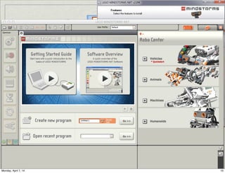 NXT-G
Linguagem
“nativa” (de fábrica)
do NXT.

Baseada no
LabView;

“G” signiﬁca gráﬁca;

Ambiente de
programação
instalado em
Windows ou Mac;
 