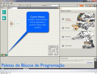 Custom Palette:
contêm vários blocos
extras baixados e
ouotros feitos pelo
usuário
Paletas de Blocos de Programação
 