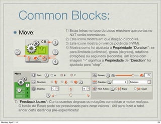Common Blocks:
Move: 1) Estas letras no topo do bloco mostram que portas no
NXT serão controladas.

2) Este ícone mostra em que direção o robô irá.

3) Este ícone mostra o nível de potência (PWM).

4) Mostra como foi ajustada a Propriedade “Duration”: se
para ilimitada (unlimited), graus (degrees), rotations
(rotações) ou segundos (seconds). Um ícone com
imagem “-” signiﬁca a Propriedade de “Direction” foi
ajustada para “stop”.
7) “Feedback boxes”: Conta quantos degraus ou rotações completas o motor realizou.
O botão de Reset pode ser pressionado para zerar valores - útil para fazer o robô
andar certa distância pré-especiﬁcada!
 