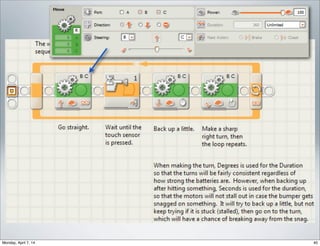 Seguidor de Linha #1
1.Siga em frete inﬁnitamente com potência a 50%;

2.Até que o sensor de luz leia valor > 50%;

3.Então pare a roda esquerda;

4.E mova a roda direita, 10o
para frente;

5.Repita.
 