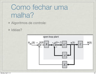 Seguidor de Linha #1
1.Siga em frete inﬁnitamente com potência a 50%;

2.Até que o sensor de luz leia valor > 50%;

3.Então pare a roda esquerda;

4.E mova a roda direita, 10o
para frente;

5.Repita.
 