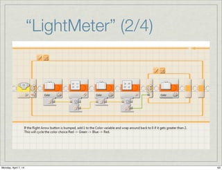 Seguidor de Linha:
Controlador Proporcional
Ajusta as variáveis
Power e Gain
(podem ser alterados).
90 100
A lâmpada parece acender
depois de um pequeno
atraso no modo “Light
Sensor”, o que pode afetar
a auto-calibração. Melhor
acender e esperar um
pouco.
50 0.2
9999
0
Iniciando as variáveis Min
para um valor grande e
Max para zero para
garantir que a lógica de
calibração irá alterá-los.
Continua→
 