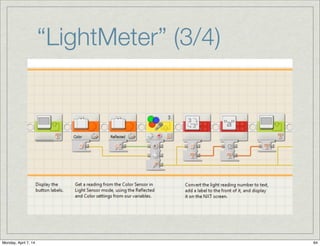 Seguidor de Linha:
Controlador Proporcional
Ajusta as variáveis
Power e Gain
(podem ser alterados).
90 100
A lâmpada parece acender
depois de um pequeno
atraso no modo “Light
Sensor”, o que pode afetar
a auto-calibração. Melhor
acender e esperar um
pouco.
50 0.2
9999
0
Iniciando as variáveis Min
para um valor grande e
Max para zero para
garantir que a lógica de
calibração irá alterá-los.
Inicie um pequeno arco para
a direita assim o sensor
acabará lendo a linha e a
área à direita da linha
(incluindo o solo).
B
C
CB
 