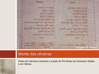Monte das oliveiras 
Imagem da internet 
Pedra de mármore contendo a oração do Pai Nosso em Aramaico Galileu 
e em hebreu 
 