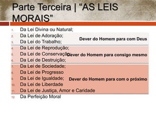 Parte Terceira | “AS LEIS 
MORAIS” 
1. Da Lei Divina ou Natural; 
2. Da Lei de Adoração; 
3. Da Lei do Trabalho; 
4. Da Lei de Reprodução; 
5. Da Lei de Conservação; 
6. Da Lei de Destruição; 
7. Da Lei de Sociedade; 
8. Da Lei de Progresso 
9. Da Lei de Igualdade; 
10. Da Lei de Liberdade 
11. Da Lei de Justiça, Amor e Caridade 
12. Da Perfeição Moral 
 