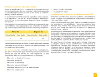 9
II. Plan de estudio de Educación Media
El plan de estudio de Educación Media se organiza en asignatu-
ras con carga horaria definida. Lenguaje y Literatura se desarrolla
en cinco horas por semana durante el año lectivo, el cual com-
prende cuarenta semanas.
Se recomienda acordar los aspectos específicos para su desarro-
llo en el Proyecto Curricular de Centro o propuesta pedagógica,
en función de las necesidades del diagnóstico y de la organiza-
ción escolar.
Es necesario encontrar relaciones entre los contenidos de las asig-
naturas básicas para organizar procesos integrados de aprendi-
zaje cuando es posible hacerlo de forma didáctica y disciplinaria.
Para implementar el plan de estudio, se debe hacer adecuaciones
curriculares en función de las necesidades del estudiantado y de
las condiciones del contexto.
Ejes transversales. Son contenidos importantes, no disciplinares,
que deben desarrollarse oportunamente junto con los contenidos
básicos del plan de estudio de cada asignatura. Los ejes
transversales del currículo salvadoreño son los siguientes:
▪ Educación en derechos humanos
▪ Educación ambiental
▪ Educación en población
▪ Educación preventiva integral
▪ Educación para la igualdad de oportunidades
▪ Educación para la salud
▪ Educación del consumidor
▪ Educación en valores
Objetivos para el Desarrollo Sostenible Agenda 2030
Garantizar una educación inclusiva, equitativa y de calidad, así
como promover oportunidades de aprendizaje durante toda la
vida para todos y todas.
Lograr una educación de calidad implica consolidar un currículo
de acuerdo con las necesidades y demandas globales, pero
también lleva inmerso otros procesos que deben suceder en
el aula para lograr una formación en ciudadanía, identidad,
inclusión social y género.
En la asignatura de Lenguaje y Literatura, estas dimensiones de
la formación ciudadana se manifiestan cuando el estudiantado
interpreta el contenido del texto literario, tradicionalmente escrito
por hombres y con personajes masculinos; esto es una oportunidad
para analizar el contenido a nivel sociocultural y también para
incluir, de forma equitativa, textos escritos por mujeres.
De igual forma, el enfoque comunicativo integra estrategias
y principios para la inclusión y la formación en ciudadanía al
momento de compartir ideas a través de las diversas estrategias
discursivas que se declaran en el programa: debates, mesas
redondas, tertulias, diálogos, etc. Los principios y máximas de la
comunicación fortalecen la competencia comunicativa, dando
paso a la convivencia y al respeto de ideas.
Horas semanales Horas anuales Horas semanales Horas anuales
5 200 5 200
Primer año Segundo año
 