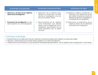 Octavo
grado
63
▪ Estructura y escritura de los objetivos
dentro de la investigación.
▪ Redacción de los objetivos aten-
diendo a su estructura, a la finali-
dad de la investigación y los ver-
bos que se deben utilizar.
8.13 Redacta objetivos respetando su
estructura y los verbos que se de-
ben utilizar, tomando en cuenta di-
ferentes escenarios investigativos y
la finalidad de la investigación.
▪ El proyecto de investigación: función
de los objetivos en una investigación.
▪ Reconocimiento de los objetivos
como indicadores que orientan
sobre lo que se espera de una in-
vestigación, asociándolos con las
metas específicas que se deben
alcanzar.
8.14 Reconoce la importancia de los
objetivos dentro de los diferentes
escenarios de investigación.
Contenidos actitudinales:
▪ Compromiso en la aplicación de las máximas conversacionales para mejorar sus discursos orales.
▪ Esfuerzo y perseverancia al escribir textos poéticos con intención literaria.
▪ Interés por el conocimiento y caracterización del reportaje periodístico, de los objetivos de investigación y otros textos.
Contenidos conceptuales Contenidos procedimentales Indicadores de logro
 