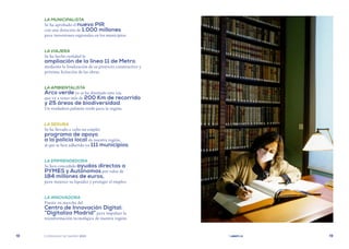 | comunidad de madrid 2021 |
18 19
		
LA MUNICIPALISTA
		 Se ha aprobado el nuevo PIR,
con una dotación de 1.000 millones
para inversiones regionales en los municipios.
		 LA VIAJERA
		 Se ha hecho realidad la
ampliación de la línea 11 de Metro,
mediante la finalización de su proyecto constructivo y
próxima licitación de las obras.
		 LA AMBIENTALISTA
		Arco verde ya se ha diseñado esta vía,
que va a tener más de 200 Km de recorrido
y 25 áreas de biodiversidad.
Un verdadero pulmón verde para la región.
		 LA SEGURA
		 Se ha llevado a cabo un amplio
programa de apoyo
a la policía local de nuestra región,
al que se han adherido ya 111 municipios.
		 LA EMPRENDEDORA
		 Se han concedido ayudas directas a
PYMES y Autónomos por valor de
184 millones de euros,
para mejorar su liquidez y proteger el empleo.
		 LA INNOVADORA
		 Puesta en marcha del
Centro de Innovación Digital:
“Digitaliza Madrid” para impulsar la
transformación tecnológica de nuestra región.
 