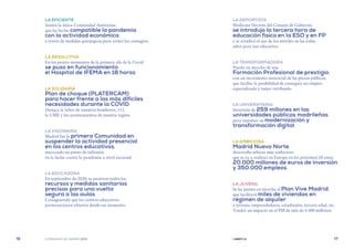 | comunidad de madrid 2021 |
16 17
		
LA DEPORTISTA
		 Mediante Decreto del Consejo de Gobierno
se introdujo la tercera hora de
educación física en la ESO y en FP
y se erradicó el uso de los móviles en las aulas,
salvo para uso educativo.
		 LA TRANSFORMADORA
		 Puesta en marcha de una
Formación Profesional de prestigio,
con un incremento sustancial de las plazas públicas,
que facilita la posibilidad de conseguir un empleo
especializado y mejor retribuido.
		 LA UNIVERSITARIA
		 Inversión de 259 millones en las
universidades públicas madrileñas
para impulsar su modernización y
transformación digital.
		 LA AMBICIOSA
		Madrid Nuevo Norte,
desarrollo urbano más ambicioso
que se va a realizar en Europa en los próximos 20 años:
20.000 millones de euros de inversión
y 350.000 empleos.
		 LA JUVENIL
		 Se ha puesto en marcha el Plan Vive Madrid,
que facilitará miles de viviendas en
régimen de alquiler
a jóvenes, emprendedores, estudiantes, tercera edad, etc.
Tendrá un impacto en el PIB de más de 4.400 millones.
		 LA EFICIENTE
		 Somos la única Comunidad Autónoma
que ha hecho compatible la pandemia
con la actividad económica
a través de medidas quirúrgicas para evitar los contagios.
		 LA RESOLUTIVA
		 En los peores momentos de la primera ola de la Covid
se puso en funcionamiento
el Hospital de IFEMA en 18 horas.
		 LA SOLIDARIA
		Plan de choque (PLATERCAM)
para hacer frente a las más difíciles
necesidades durante la COVID.
Destaca la labor de nuestros bomberos, 112,
la UME y los ayuntamientos de nuestra región.
		 LA VISIONARIA
		 Madrid fue la primera Comunidad en
suspender la actividad presencial
en los centros educativos,
marcando un punto de inflexión
en la lucha contra la pandemia a nivel nacional.
		 LA EDUCADORA
		 En septiembre de 2020, se pusieron todos los
recursos y medidas sanitarias
precisas para una vuelta
segura a las aulas.
Consiguiendo que los centros educativos
permanecieran abiertos desde ese momento.
 