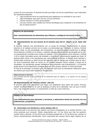 148
Programa de Estudio de Lengua y Literatura – Séptimo Básico
Propuesta aprobada por el Consejo Nacional de Educación – marzo de 2014
grupos de cinco personas. El docente les pide que elijan uno de los superhéroes y que respondan
las siguientes preguntas.
 ¿Qué problemas tiene los superhéroes para adaptarse a la sociedad en que viven?
 ¿Qué estrategias usan para convivir con los humanos?
 ¿Tienen siempre la misma personalidad?
 ¿De qué manera usan ustedes las mismas estrategias para integrarse a los ambientes en
que se desenvuelven?
Objetivo de Aprendizaje
Usar conscientemente los elementos que influyen y configuran los textos orales…
(OA 23)
29. Representación de una escena de El extraño caso del dr. Jekyll y el sr. Hyde (OA
23)
El docente organiza una dramatización con un grupo de alumnos. Representarán la escena
descrita en el capítulo primero de la novela. Los personajes son: Utterson, el notario; Richard
Enfield; Hyde; la niña atropellada; dos transeúntes. Los alumnos deben transformar el diálogo
entre Utterson y Enfield en un libreto, y redactar diálogos para la escena del atropello de la niña.
La representación considera dos niveles de realidad: (1) la conversación entre Utterson y Enfield
y (2) el relato intercalado acerca del atropello y la posterior indemnización pagada por Hyde. El
docente debe indicar a los estudiantes que, para elaborar el libreto, el diálogo entre Utterson y
Enfield debe conservar su estilo formal del siglo XIX, pero el diálogo que inventen para la niña y
los otros transeúntes debe ser hecho en un registro coloquial menos cuidado y propio de la
actualidad. Los estudiantes pueden disfrazarse para presentar esta dramatización, y el docente
puede buscar otros fragmentos similares para que otros grupos realicen la misma actividad.
Al final de la actividad, el docente guía una discusión para que los estudiantes reflexionen sobre
los efectos que causa cada registro en el espectador.
Observaciones al docente
Esta actividad permite tomar conciencia de los diferentes tipos de registro, y su relación con los estados
emocionales.
30. Representación de “Famoso cohete” (OA 23)
El docente pide a los estudiantes que hagan una adaptación para teatro del cuento “Famoso
cohete” de Óscar Wilde en el cual se destaque el tema de la identidad. Una vez que lo tienen
listo y han ensayado pueden ir a representarlo a niños de cursos inferiores.
Objetivo de Aprendizaje
Leer habitualmente para aprender y recrearse, y seleccionar textos de acuerdo con sus
preferencias y propósitos.
(OA 1)
31. Entrevistas con familiares y otros adultos (OA 1)
El docente pide a sus alumnos que realicen una breve investigación en su ámbito familiar o con
otras personas que conozcan. Deben preguntarles por: (1) los libros que más les gustaron
cuando niños o jóvenes, (2) los libros que les habría gustado leer y (3) los libros que, aunque no
fueran necesariamente entretenidos, fuera importante leer porque marcó algún aspecto de su
 