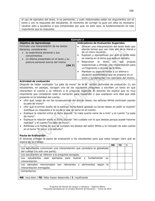 195
Programa de Estudio de Lengua y Literatura – Séptimo Básico
Propuesta aprobada por el Consejo Nacional de Educación – marzo de 2014
el uso de ejemplos del texto, si es pertinente, y cuán relacionados están los argumentos con el
texto y con la respuesta del estudiante. Al momento de corregir la guía con ellos es necesario
recalcar esto y ayudarlos a que comprendan por qué, en este caso, la fundamentación es más
importante que la respuesta.
Ejemplo 2
Objetivo de Aprendizaje
Formular una interpretación de los textos
literarios, considerando:
 su experiencia personal y sus
conocimientos
 un dilema presentado en el texto y su
postura personal acerca del mismo
(OA 7)
Indicadores de Evaluación Sugeridos
 Ofrecen una interpretación del texto leído que
aborda temas que van más allá de lo literal o
de un mero recuento.
 Explican y ejemplifican por qué el texto leído
se inserta en el tema que está en estudio.
 Relacionan el texto con sus propias
experiencias y ofrecen una interpretación para
un fragmento o el total de lo leído.
 Plantean su postura frente a un dilema o
situación problemática que se propone en el
texto y fundamentan con ejemplos del mismo.
Actividad de evaluación
Después de haber analizado “La pata de mono” de W.W. Jacobs (actividad de evaluación 1), los
estudiantes, en parejas, escogen una de las siguientes preguntas y escriben un texto en que
interpreten el cuento y se refieran a la pregunta sugerida. El docente les explica que es muy
importante que consideren toda la narración para responder y que expliquen una idea que esté
presente en la totalidad del cuento:
 ¿Por qué, luego de ver las consecuencias del primer deseo, los señores White continúan usando
la pata de mono?
 ¿Por qué el primer dueño de la pata de mono habrá gastado su tercer deseo en pedir la muerte?
Justifique su respuesta a la luz de lo que se narra en el cuento.
 Explique la relación entre el dicho popular “la mala suerte viene de a tres” y el cuento “La pata
de mono”.
 Explique la relación entre el dicho popular “ten cuidado con lo que deseas porque puede hacerse
realidad” y el cuento “La pata de mono”.
 Refiérase a la forma en que se cumplen los deseos del señor White y la inclusión de este cuento
en el tema “El terror y lo extraño”.
Pauta de Evaluación
El docente entrega la pauta de evaluación a los estudiantes para que estos tengan claro qué se
espera de su trabajo.
MB FD I
Los estudiantes comunican una interpretación que considera la globalidad
del cuento (no solo una parte).
Los estudiantes se refieren a la pregunta escogida.
Los estudiantes usan ejemplos para ilustrar y fundamentar su
interpretación.
Los ejemplos mencionados son relevantes y pertinentes según la
interpretación entregada.
Comentarios:
MB: muy bien / FD: falta mayor desarrollo / I: insuficiente
 