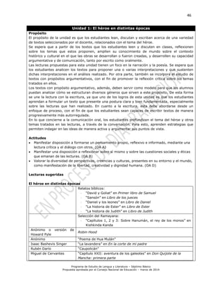 46
Programa de Estudio de Lengua y Literatura – Séptimo Básico
Propuesta aprobada por el Consejo Nacional de Educación – marzo de 2014
Unidad 1: El héroe en distintas épocas
Propósito
El propósito de la unidad es que los estudiantes lean, discutan y escriban acerca de una variedad
de textos seleccionados por el docente, relacionados con el tema del héroe.
Se espera que a partir de los textos que los estudiantes leen y discuten en clases, reflexionen
sobre los temas que estos proponen, amplíen su conocimiento de mundo sobre el contexto
histórico y cultural en el que las obras se desarrollan o fueron creadas, y desarrollen su capacidad
argumentativa y de comunicación, tanto por escrito como oralmente.
Las lecturas propuestas para esta unidad tienen un foco en la narración y la poesía. Se espera que
los estudiantes analicen los textos para proponer una o varias interpretaciones y que sustenten
dichas interpretaciones en el análisis realizado. Por otra parte, también se incorpora el estudio de
textos con propósitos argumentativos, con el fin de promover la reflexión crítica sobre los temas
tratados en ellos.
Los textos con propósito argumentativo, además, deben servir como modelo para que los alumnos
puedan analizar cómo se estructuran diversos géneros que sirven a este propósito. De esta forma
se une la lectura con la escritura, ya que uno de los logros de esta unidad es que los estudiantes
aprendan a formular un texto que presente una postura clara y bien fundamentada, especialmente
sobre las lecturas que han realizado. En cuanto a la escritura, esta debe abordarse desde un
enfoque de proceso, con el fin de que los estudiantes sean capaces de escribir textos de manera
progresivamente más autorregulada.
En lo que concierne a la comunicación oral, los estudiantes profundizan el tema del héroe y otros
temas tratados en las lecturas, a través de la conversación. Para esto, aprenden estrategias que
permiten indagar en las ideas de manera activa y argumentar sus puntos de vista.
Actitudes
 Manifestar disposición a formarse un pensamiento propio, reflexivo e informado, mediante una
lectura crítica y el diálogo con otros. (OA A)
 Manifestar una disposición a reflexionar sobre sí mismo y sobre las cuestiones sociales y éticas
que emanan de las lecturas. (OA B)
 Valorar la diversidad de perspectivas, creencias y culturas, presentes en su entorno y el mundo,
como manifestación de la libertad, creatividad y dignidad humana. (OA D)
Lecturas sugeridas
El héroe en distintas épocas
Relatos bíblicos:
 “David y Goliat” en Primer libro de Samuel
 “Sansón” en Libro de los jueces
 “Daniel y los leones” en Libro de Daniel
 “La historia de Ester” en Libro de Ester
 “La historia de Judith” en Libro de Judith
Selección del Ramayana:
 “Capítulos 1, 2 y 3: Sobre Hanumán, el rey de los monos” en
Kishkinda Kanda
Anónimo o versión de
Howard Pyle
Robin Hood
Anónimo “Poema de Hua Mulán”
Isaac Bashevis Singer “La lavandera” en En la corte de mi padre
Rubén Darío “Caupolicán”
Miguel de Cervantes “Capítulo XXII: aventura de los galeotes” en Don Quijote de la
Mancha: primera parte
 