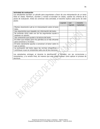 79
Programa de Estudio de Lengua y Literatura – Séptimo Básico
Propuesta aprobada por el Consejo Nacional de Educación – marzo de 2014
Actividad de evaluación
Los estudiantes escriben un párrafo para argumentar a favor de una interpretación de un texto
leído en clases. Planifican, escriben y revisan el borrador en clases, usando los criterios de la
pauta de evaluación. Antes de comenzar esta actividad, el docente explica cada punto de esta
pauta:
Logrado casi
logrado
necesito
replantear
Planteo claramente cuál es mi interpretación sobre el texto
leído.
Uso argumentos que respaldo con información del texto.
Se entiende cómo cada uno de los argumentos ayuda a
sostener mi opinión.
Uso conectores que ayudan a la lectura del texto.
El orden que empleo para mis párrafos es el más eficiente
para convencer a mi lector.
El texto claramente apunta a convencer al lector sobre lo
que yo pienso.
La puntuación del texto sigue las normas ortográficas y
contribuye a que se comprenda cada una de las oraciones.
Los estudiantes entregan al docente la planificación, el borrador con las correcciones y
comentarios, y la versión final, de manera que este pueda evaluar cómo aplican el proceso de
escritura.
 