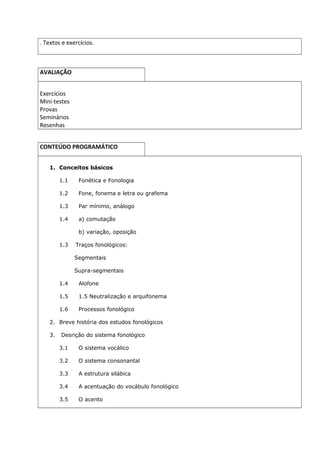 . Textos e exercícios.

AVALIAÇÃO
Exercícios
Mini-testes
Provas
Seminários
Resenhas
CONTEÚDO PROGRAMÁTICO
1. Conceitos básicos
1.1

Fonética e Fonologia

1.2

Fone, fonema e letra ou grafema

1.3

Par mínimo, análogo

1.4

a) comutação
b) variação, oposição

1.3

Traços fonológicos:
Segmentais
Supra-segmentais

1.4

Alofone

1.5

1.5 Neutralização e arquifonema

1.6

Processos fonológico

2. Breve história dos estudos fonológicos
3.

Desrição do sistema fonológico
3.1

O sistema vocálico

3.2

O sistema consonantal

3.3

A estrutura silábica

3.4

A acentuação do vocábulo fonológico

3.5

O acento

 
