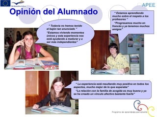 Opinión del Alumnado
“ La experiencia está resultando muy positiva en todos los
aspectos, mucho mejor de lo que esperaba”
“La relación con la familia de acogida es muy buena y ya
se ha creado un vínculo afectivo bastante fuerte”
“ Todavía no hemos tenido
el bajón tan anunciado ”
“Estamos viviendo momentos
únicos y esta experiencia nos
está ayudando a madurar y a
ser más independientes”
“ Estamos aprendiendo
mucho sobre el respeto a los
profesores ”
“Progresamos mucho en
francés y ya tenemos muchos
amigos”
 