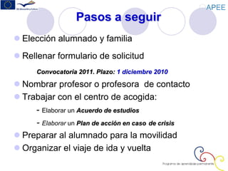 Pasos a seguir
 Elección alumnado y familia
 Rellenar formulario de solicitud
Convocatoria 2011. Plazo: 1 diciembre 2010
 Nombrar profesor o profesora de contacto
 Trabajar con el centro de acogida:
- Elaborar un Acuerdo de estudios
- Elaborar un Plan de acción en caso de crisis
 Preparar al alumnado para la movilidad
 Organizar el viaje de ida y vuelta
 