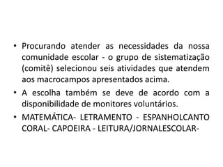 • Procurando atender as necessidades da nossa 
comunidade escolar - o grupo de sistematização 
(comitê) selecionou seis atividades que atendem 
aos macrocampos apresentados acima. 
• A escolha também se deve de acordo com a 
disponibilidade de monitores voluntários. 
• MATEMÁTICA- LETRAMENTO - ESPANHOLCANTO 
CORAL- CAPOEIRA - LEITURA/JORNALESCOLAR- 
