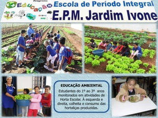 EDUCAÇÃO AMBIENTAL
 Estudantes do 1º ao 3º anos
monitorados em atividades de
  Horta Escolar. À esquerda e
direita, colheita e consumo das
      hortaliças produzidas.
 