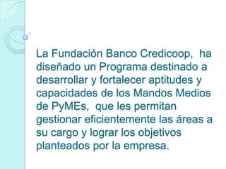La Fundación Banco Credicoop, ha
diseñado un Programa destinado a
desarrollar y fortalecer aptitudes y
capacidades de los Mandos Medios
de PyMEs, que les permitan
gestionar eficientemente las áreas a
su cargo y lograr los objetivos
planteados por la empresa.
 