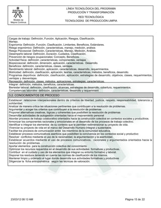 LÍNEA TECNOLÓGICA DEL PROGRAMA
                                                 PRODUCCIÓN Y TRANSFORMACIÓN
                                                      RED TECNOLÓGICA
   Modelo de                                   TECNOLOGÍAS DE PRODUCCIÓN LIMPIA
 Mejora Continua




Cargas de trabajo: Definición, Función, Aplicación, Riesgos, Clasificación.
Manejo.
Ergonomía: Definición, Función, Clasificación, Limitantes, Beneficios, Estándares.
Riesgo ergonómico: Definición, características, manejo, medición, análisis
Riesgo Psicosocial: Definición, Características, Manejo, Medición, Análisis.
Desempeño laboral: Definición, Duración, Cuidados, Clasificación.
Prevención de riesgos ocupacionales: Concepto, Beneficios.
Actividad física: definición ,características, componentes, ventajas
Biopsicosocial: definición, dimensión, aplicación, características. Desarrollo.
Beneficios: definición, características, clases, ventajas.
Rendimiento laboral: definición, aplicación, características, desarrollo, requerimientos.
Motricidad: definición, clasificación, aplicación, teorías, características, métodos, beneficios, desarrollo.
Programas deportivos: definición, clasificación, aplicación, estrategias de desarrollo, objetivos, clases, requerimientos,
ventajas y desventajas.
Recreación: definición, clases, métodos, aplicaciones, estrategias, características.
Integrar: definición, métodos, beneficios, características.
Bienestar laboral: definición, clasificación, alcances, estrategias de desarrollo, cobertura, requerimientos.
Competencias laborales: definición, características, desarrollo y requerimient
3.2. CONOCIMIENTOS DE PROCESO
Establecer relaciones interpersonales dentro de criterios de libertad, justicia, respeto, responsabilidad, tolerancia y
solidaridad.
Analizar de manera crítica las situaciones pertinentes que contribuyen a la resolución de problemas.
Argumentar y acoger los criterios que contribuyen a la resolución de problemas
Proponer alternativas creativas, lógicas y coherentes que posibiliten la resolución de problemas
Desarrollar actividades de autogestión orientadas hacia el mejoramiento personal
Abordar procesos de trabajo colaborativo orientados hacia la construcción colectiva en contextos sociales y productivos.
Armonizar los componentes racionales y emocionales en el desarrollo de los procesos de trabajo colectivo.
Identificar e integrar los elementos de su contexto que le permiten redimensionar su proyecto de vida.
Vivenciar su proyecto de vida en el marco del Desarrollo Humano Integral y sustentable.
Facilitar los procesos de comunicación entre los miembros de la comunidad educativa.
Establecer procesos comunicativos asertivos que posibiliten la convivencia en los contextos social y productivo
Resolver conflictos mediante el uso de la racionalidad, la argumentación y la asertividad.
Establecer acuerdos mediante el uso de procesos comunicativos, racionales y argumentados orientados hacia la
resolución de problemas.
Aportar elementos para la construcción colectiva del conocimiento
Optimizar los recursos requeridos en el desarrollo de sus actividades formativas y productivas.
Contribuir en el cuidado y uso de los elementos que integran su entorno formativo y laboral.
Disponer los residuos teniendo en cuenta las normas de clasificación de los mismos.
Mantener limpio y ordenado el lugar donde desarrolla sus actividades formativas y productivas
Diligenciar la ficha antropométrica según las técnicas de valoración.




 23/03/12 08:13 AM                                                                                Página 15 de 22
 