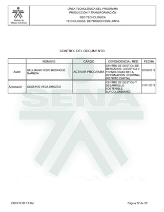 LÍNEA TECNOLÓGICA DEL PROGRAMA
                                              PRODUCCIÓN Y TRANSFORMACIÓN
                                                    RED TECNOLÓGICA
   Modelo de                                 TECNOLOGÍAS DE PRODUCCIÓN LIMPIA
 Mejora Continua




                                      CONTROL DEL DOCUMENTO


                            NOMBRE                     CARGO          DEPENDENCIA / RED      FECHA
                                                                  CENTRO DE GESTION DE
                   HELLMANN YESID RUSINQUE                        MERCADOS, LOGISTICA Y 02/09/2012
   Autor           GAMBOA
                                                 ACTIVAR PROGRAMA TECNOLOGIAS DE LA
                                                                  INFORMACION. REGIONAL
                                                                  DISTRITO CAPITAL
                                                                    CENTRO DE GESTION Y
                                                                    DESARROLLO             31/01/2012
Aprobació          GUSTAVO VEGA OROZCO
                                                                    SOSTENIBLE
                                                                    SURCOLOMBIANO.




 23/03/12 08:13 AM                                                               Página 22 de 22
 