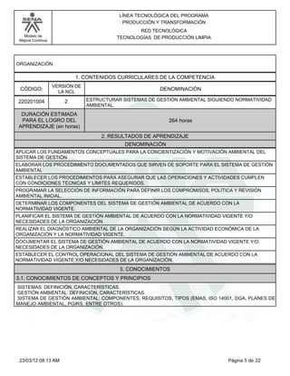 LÍNEA TECNOLÓGICA DEL PROGRAMA
                                            PRODUCCIÓN Y TRANSFORMACIÓN
                                                 RED TECNOLÓGICA
   Modelo de                              TECNOLOGÍAS DE PRODUCCIÓN LIMPIA
 Mejora Continua




ORGANIZACIÓN.

                           1. CONTENIDOS CURRICULARES DE LA COMPETENCIA
                   VERSIÓN DE
 CÓDIGO:             LA NCL
                                                         DENOMINACIÓN

 220201004             2        ESTRUCTURAR SISTEMAS DE GESTIÓN AMBIENTAL SIGUIENDO NORMATIVIDAD
                                AMBIENTAL.
  DURACIÓN ESTIMADA
  PARA EL LOGRO DEL                                         264 horas
 APRENDIZAJE (en horas)
                                     2. RESULTADOS DE APRENDIZAJE
                                             DENOMINACIÓN
APLICAR LOS FUNDAMENTOS CONCEPTUALES PARA LA CONCIENTIZACIÓN Y MOTIVACIÓN AMBIENTAL DEL
SISTEMA DE GESTIÓN
ELABORAR LOS PROCEDIMIENTO DOCUMENTADOS QUE SIRVEN DE SOPORTE PARA EL SISTEMA DE GESTIÓN
AMBIENTAL
ESTABLECER LOS PROCEDIMIENTOS PARA ASEGURAR QUE LAS OPERACIONES Y ACTIVIDADES CUMPLEN
CON CONDICIONES TÉCNICAS Y LÍMITES REQUERIDOS.
PROGRAMAR LA SELECCIÓN DE INFORMACIÓN PARA DEFINIR LOS COMPROMISOS, POLÍTICA Y REVISIÓN
AMBIENTAL INICIAL.
DETERMINAR LOS COMPONENTES DEL SISTEMA DE GESTIÓN AMBIENTAL DE ACUERDO CON LA
NORMATIVIDAD VIGENTE.
PLANIFICAR EL SISTEMA DE GESTIÓN AMBIENTAL DE ACUERDO CON LA NORMATIVIDAD VIGENTE Y/O
NECESIDADES DE LA ORGANIZACIÓN.
REALIZAR EL DIAGNÓSTICO AMBIENTAL DE LA ORGANIZACIÓN SEGÚN LA ACTIVIDAD ECONÓMICA DE LA
ORGANIZACIÓN Y LA NORMATIVIDAD VIGENTE.
DOCUMENTAR EL SISTEMA DE GESTIÓN AMBIENTAL DE ACUERDO CON LA NORMATIVIDAD VIGENTE Y/O
NECESIDADES DE LA ORGANIZACIÓN.
ESTABLECER EL CONTROL OPERACIONAL DEL SISTEMA DE GESTIÓN AMBIENTAL DE ACUERDO CON LA
NORMATIVIDAD VIGENTE Y/O NECESIDADES DE LA ORGANIZACIÓN.
                                           3. CONOCIMIENTOS
3.1. CONOCIMIENTOS DE CONCEPTOS Y PRINCIPIOS
SISTEMAS: DEFINICIÓN, CARACTERÍSTICAS.
GESTIÓN AMBIENTAL: DEFINICIÓN, CARACTERÍSTICAS.
SISTEMA DE GESTIÓN AMBIENTAL: COMPONENTES, REQUISITOS, TIPOS (EMAS, ISO 14001, DGA, PLANES DE
MANEJO AMBIENTAL, PGIRS, ENTRE OTROS).




 23/03/12 08:13 AM                                                               Página 5 de 22
 