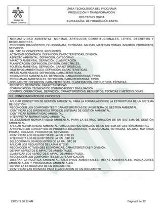LÍNEA TECNOLÓGICA DEL PROGRAMA
                                     PRODUCCIÓN Y TRANSFORMACIÓN
                                          RED TECNOLÓGICA
   Modelo de                       TECNOLOGÍAS DE PRODUCCIÓN LIMPIA
 Mejora Continua




NORMATIVIDAD AMBIENTAL: NORMAS, ARTÍCULOS CONSTITUCIONALES, LEYES, DECRETOS Y
RESOLUCIONES.
PROCESOS: DIAGNÓSTICO, FLUJOGRAMAS, ENTRADAS, SALIDAS, MATERIAS PRIMAS, INSUMOS, PRODUCTOS,
SERVICIOS.
RAI GTC 93: CONCEPTOS, REQUISITOS
ACTIVIDAD ECONÓMICA: DEFINICIÓN, CARACTERÍSTICAS, DIVISIÓN.
ASPECTO AMBIENTAL: DEFINICIÓN, CATEGORÍAS.
IMPACTO AMBIENTAL: DEFINICIÓN, CLASIFICACIÓN.
PLANIFICACIÓN: DEFINICIÓN, DIVISIÓN, DIRECTRICES..
POLÍTICA AMBIENTAL: DEFINICIÓN, CARACTERÍSTICAS.
OBJETIVOS AMBIENTALES: DEFINICIÓN, CARACTERÍSTICAS.
METAS AMBIENTALES: DEFINICIÓN, CARACTERÍSTICAS.
INDICADORES AMBIENTALES: DEFINICIÓN, CARACTERÍSTICAS, TIPOS.
PROGRAMAS AMBIENTALES: DEFINICIÓN, CARACTERÍSTICAS, TIPOS
DOCUMENTO: DEFINICIÓN, CARACTERÍSTICAS, CLASIFICACIÓN, ESTRUCTURA, TÉCNICAS.
REGISTRO: DEFINICIÓN, CARACTERÍSTICAS.
COMUNICACIÓN: TÉCNICAS DE COMUNICACIÓN Y DIVULGACIÓN
CONTROL OPERACIONAL: DEFINICIÓN, CARACTERÍSTICAS, REQUISITOS, TÉCNICAS Y METODOLOGÍAS.
3.2. CONOCIMIENTOS DE PROCESO
APLICAR CONCEPTOS DE GESTIÓN AMBIENTAL PARA LA FORMULACIÓN DE LA ESTRUCTURA DE UN SISTEMA
DE GESTIÓN.
RECONOCER LOS COMPONENTES Y CARACTERÍSTICAS DE UN SISTEMA DE GESTIÓN AMBIENTAL.
IDENTIFICAR LOS DIFERENTES TIPOS DE SISTEMAS DE GESTIÓN AMBIENTAL.
IDENTIFICAR NORMATIVIDAD AMBIENTAL
INTERPRETAR NORMATIVIDAD AMBIENTAL
SELECCIONAR NORMATIVIDAD AMBIENTAL PARA LA ESTRUCTURACIÓN DE UN SISTEMA DE GESTIÓN
AMBIENTAL
APLICAR NORMATIVIDAD AMBIENTAL PARA LA ESTRUCTURACIÓN DE UN SISTEMA DE GESTIÓN AMBIENTAL
APROPIAR LOS CONCEPTOS DE PROCESO, DIAGNÓSTICO, FLUJOGRAMAS, ENTRADAS, SALIDAS, MATERIAS
PRIMAS, INSUMOS, PRODUCTOS, SERVICIOS.
IDENTIFICAR LOS REQUISITOS DE LA RAI GTC 93
INTERPRETA LOS REQUISITOS DE LA RAI GTC 93
SELECCIONAR LOS REQUISITOS DE LA RAI GTC 93
APLICAR LOS REQUISITOS DE LA RAI GTC 93
RECONOCER ACTIVIDADES ECONÓMICAS, CARACTERÍSTICAS Y DIVISIÓN.
DEFINIR ASPECTOS E IMPACTOS AMBIENTALES.
CLASIFICAR LOS ASPECTOS E IMPACTOS AMBIENTALES..
RECONOCER LOS COMPONENTES DE LA PLANIFICACIÓN.
DISEÑAR LA POLÍTICA AMBIENTAL, OBJETIVOS AMBIENTALES, METAS AMBIENTALES, INDICADORES
AMBIENTALES Y PROGRAMAS AMBIENTALES.:
DEFINIR LA ESTRUCTURA DE UN DOCUMENTO.
IDENTIFICAR LAS TÉCNICAS PARA ELABORACIÓN DE UN DOCUMENTO.




 23/03/12 08:13 AM                                                        Página 6 de 22
 