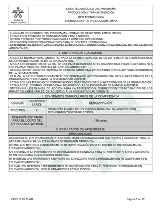 LÍNEA TECNOLÓGICA DEL PROGRAMA
                                            PRODUCCIÓN Y TRANSFORMACIÓN
                                                 RED TECNOLÓGICA
   Modelo de                              TECNOLOGÍAS DE PRODUCCIÓN LIMPIA
 Mejora Continua




ELABORAR PROCEDIMIENTOS, PROGRAMAS, FORMATOS, REGISTROS, ENTRE OTROS.
ESTABLECER TÉCNICAS DE COMUNICACIÓN Y DIVULGACIÓN
DEFINIR TÉCNICAS Y METODOLOGÍAS PARA EL CONTROL OPERACIONAL.
RECONOCER REQUISITOS NORMATIVOS PARA EL CONTROL OPERACIONAL.
DETERMINAR PLANES DE ACCIÓN PARA LA PREVENCIÓN, CORRECCIÓN Y/O MITIGACIÓN DE LOS IMPACTOS
AMBIENTALES.
                                      4. CRITERIOS DE EVALUACIÓN
APLICA LA NORMATIVIDAD AMBIENTAL PARA LA ESTRUCTURACIÓN DE UN SISTEMA DE GESTIÓN AMBIENTAL
SEGÚN REQUERIMIENTOS DE LA ORGANIZACIÓN.
APLICA LOS REQUISITOS DE LA RAI GTC 93 PARA DESARROLLAR EL DIAGNÓSTICO Y DAR CUMPLIMIENTO A
LOS PARÁMETROS DEL SISTEMA DE GESTIÓN AMBIENTAL.
GENERA DIRECTRICES DEL SISTEMA DE GESTIÓN AMBIENTAL DE ACUERDO CON LA ACTIVIDAD ECONÓMICA
DE LA ORGANIZACIÓN.
REALIZA LA ESTRUCTURA DOCUMENTAL DEL SISTEMA DE GESTIÓN AMBIENTAL SEGÚN NECESIDADES DE LA
ORGANIZACIÓN Y APLICANDO LA NORMATIVIDAD VIGENTE.
ESTABLECE LAS TÉCNICAS DE COMUNICACIÓN Y DIVULGACIÓN SEGÚN NECESIDADES DE LA ORGANIZACIÓN.
ESTABLECE EL CONTROL OPERACIONAL DE ACUERDO A LOS PROGRAMAS DE MANEJO AMBIENTAL.
DETERMINA LOS PLANES DE ACCIÓN PARA LA PREVENCIÓN, CORRECCIÓN Y/O MITIGACIÓN DE LOS
IMPACTOS AMBIENTALES DE ACUERDO A LA NORMATIVIDAD VIGENTE.
                           1. CONTENIDOS CURRICULARES DE LA COMPETENCIA
                   VERSIÓN DE
 CÓDIGO:             LA NCL
                                                         DENOMINACIÓN

220201005              2        ORGANIZAR PLANES DE EDUCACIÓN AMBIENTAL DE ACUERDO CON
                                REQUERIMIENTOS ESTABLECIDOS
  DURACIÓN ESTIMADA
  PARA EL LOGRO DEL                                         176 horas
 APRENDIZAJE (en horas)
                                     2. RESULTADOS DE APRENDIZAJE
                                             DENOMINACIÓN
DESARROLLAR LOS PROTOCOLOS Y DOCUMENTOS RELACIONADOS CON LOS PLANES Y ACCIONES PARA LA
IMPLEMENTACIÓN DE UN PROGRAMA EN EDUCACIÓN AMBIENTAL.
DEFINIR LOS MÉTODOS E INSTRUMENTOS DE INVESTIGACIÓN PARA EL DISEÑO DE UN PROGRAMA EN
EDUCACIÓN AMBIENTAL.
SELECCIONAR LAS PRIORIDADES DE INFORMACIÓN SECUNDARIA PARA EL DISEÑO DE PLANES Y ACCIONES
DE UN PROGRAMA EN EDUCACIÓN AMBIENTAL.
DETERMINAR LOS PROCESOS Y FACTORES RELACIONADOS CON LA PROGRAMACIÓN DE ACTIVIDADES EN
EDUCACIÓN AMBIENTAL.
APLICAR LOS MÉTODOS E INSTRUMENTOS DE INVESTIGACIÓN PARA EL DISEÑO DE UN PROGRAMA EN
EDUCACIÓN AMBIENTAL SEGÚN PARÁMETROS ESTABLECIDOS




 23/03/12 08:13 AM                                                              Página 7 de 22
 