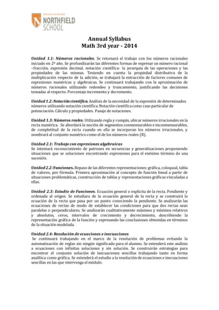 Annual Syllabus 
Math 3rd year - 2014 
Unidad 1.1: Números racionales. Se retomará el trabajo con los números racionales 
iniciado en 2º año. Se profundizarán las diferentes formas de expresar un número racional 
–fracción, expresión decimal, notación científica- la jerarquía de las operaciones y las 
propiedades de las mismas. Teniendo en cuenta la propiedad distributiva de la 
multiplicación respecto de la adición, se trabajará la extracción de factores comunes de 
expresiones numéricas y algebraicas. Se continuará trabajando con la aproximación de 
números racionales utilizando redondeo y truncamiento, justificando las decisiones 
tomadas al respecto. Porcentaje incremento y decremento. 
Unidad 1.2: Notación científica. Análisis de la necesidad de la expresión de determinados 
números utilizando notación científica. Notación científica como caso particular de 
potenciación. Cálculo y propiedades. Pasaje de notaciones. 
Unidad 1.3: Números reales. Utilizando regla y compás, ubicar números irracionales en la 
recta numérica. Se abordará la noción de segmentos conmensurables e inconmensurables, 
de completitud de la recta cuando en ella se incorporan los números irracionales, y 
nombrará al conjunto numérico como el de los números reales (R). 
Unidad 2.1: Trabajo con expresiones algebraicas 
Se intentará reconocimiento de patrones en secuencias y generalizaciones proponiendo 
situaciones que se solucionen encontrando expresiones para el enésimo término de una 
sucesión. 
Unidad 2.2: Funciones. Repaso de las diferentes representaciones: gráfica, coloquial, tabla 
de valores, por fórmula. Primera aproximación al concepto de función lineal a partir de 
situaciones problemáticas, construcción de tablas y representaciones gráficas vinculadas a 
ellas. 
Unidad 2.3: Estudio de Funciones. Ecuación general o explícita de la recta. Pendiente y 
ordenada al origen. Se estudiara de la ecuación general de la recta y se construirá la 
ecuación de la recta que pasa por un punto conociendo la pendiente. Se analizarán las 
ecuaciones de rectas de modo de establecer las condiciones para que dos rectas sean 
paralelas o perpendiculares. Se analizarán cualitativamente máximos y mínimos relativos 
y absolutos, ceros, intervalos de crecimiento y decrecimiento, describiendo la 
representación gráfica de la función y expresando las conclusiones obtenidas en términos 
de la situación modelada. 
Unidad 2.4: Resolución de ecuaciones e inecuaciones 
Se continuará trabajando en el marco de la resolución de problemas evitando la 
automatización de reglas sin ningún significado para el alumno. Se extenderá este análisis 
a ecuaciones con infinitas soluciones y sin solución. Se construirán estrategias para 
encontrar el conjunto solución de inecuaciones sencillas trabajando tanto en forma 
analítica como gráfica. Se extenderá el estudio a la resolución de ecuaciones e inecuaciones 
sencillas en las que intervenga el módulo. 
 