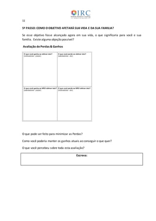 11
5º PASSO: COMO O OBJETIVO AFETARÁ SUA VIDA E DA SUA FAMILIA?
Se esse objetivo fosse alcançado agora em sua vida, o que significaria para você e sua
família. Existe alguma objeção possível?
Avaliação de Perdas & Ganhos
O que pode ser feito para minimizar as Perdas?
Como você poderia manter os ganhos atuais ao conseguir o que quer?
O que você percebeu sobre toda esta avaliação?
Escreva:
 