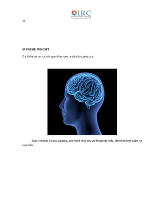 12
6º PASSO: MINDSET
É a linha de raciocínio que direciona a vida das pessoas.
Suas crenças e seus valores, que você recebeu ao longo da vida, determinam tudo na
sua vida.
 